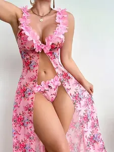 Women's Floral Print Ruffled High Split Long Nightwear Set, Two-Piece Underwear Sleepwear with Thong, Slim-Fitting Design, Comfortable & Stylish Loungewear
