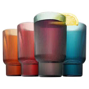 Khen Shatterproof Acrylic Tall Drinking Glasses Set, European Style, Dishwasher Safe, Ribbed | Set of 4 | Fluted Tritan Drinkware, Unbreakable BPA-free Plastic, Reusable Stackable Glassware 14.5oz