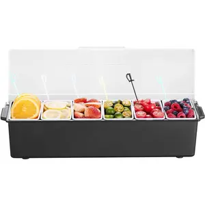 【Summervibes】VEVOR Chilled Condiment Server, 6 Compartment Ice Cooled Condiment Serving Container, Chilled Garnish Tray Bar Caddy with Lid, for Bartending & Serving Taco, Salad, Fruit, Home & Restaurant Supplies