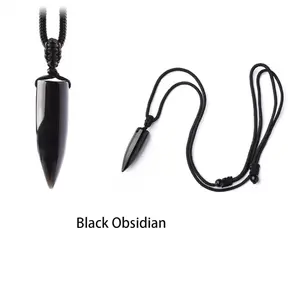 Natural Black Obsidian Pendant - Bullet Shaped Simple Necklace - Healing Crystal Jewelry for Man and Women - Shatters Negativity
