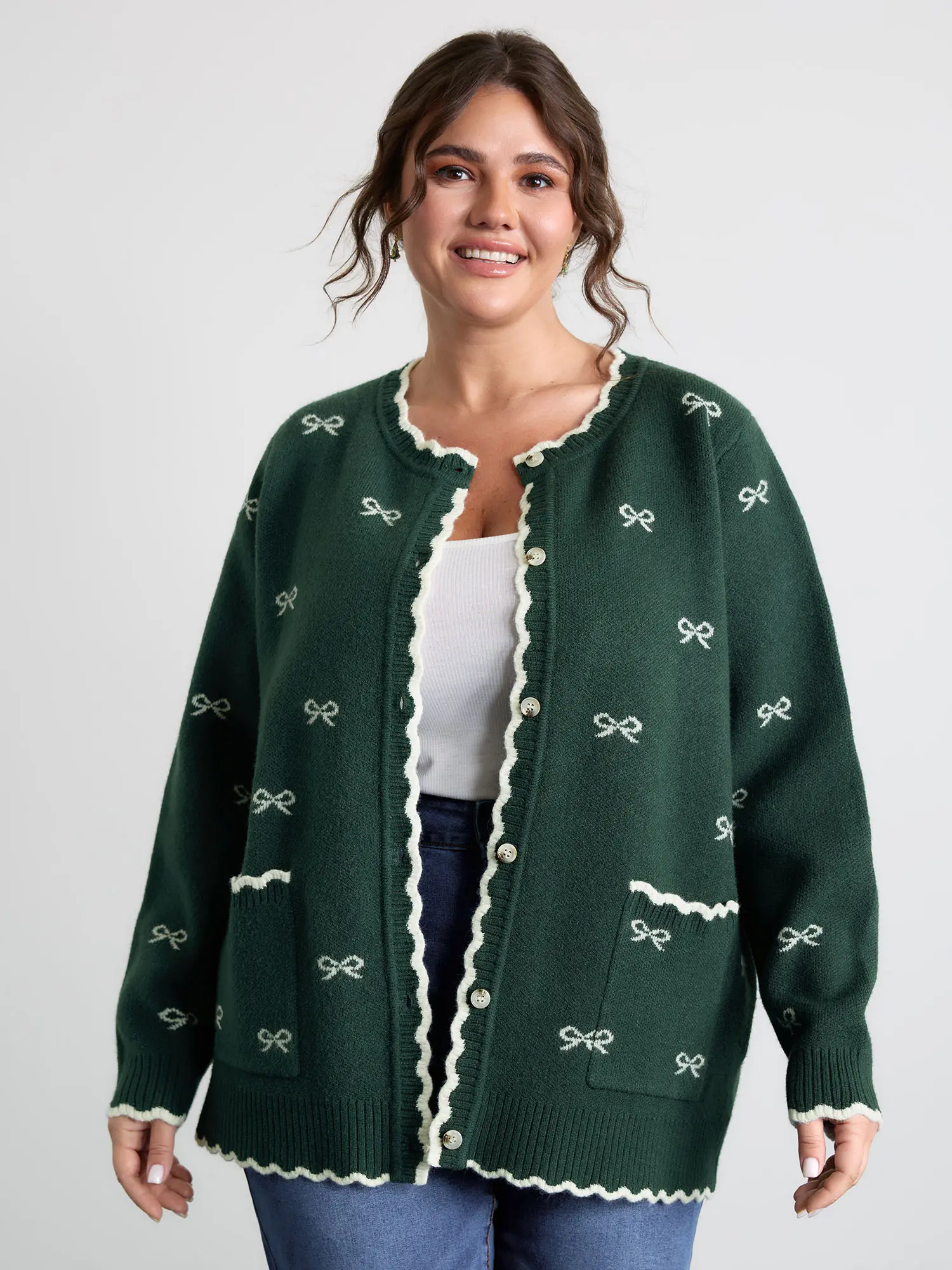 BloomChic Women's Playful Christmas Knit Cardigan, Oversized Drop Shoulder Long Sleeve Top with Jacquard Bows and Peter Pan Collar, Fabric, Garment, Knitwear, Button, Longsleeves, Nylon, Low Iron, Drop Shoulders, Polyester, Fit, Acrylic Blend, Flat, Lady