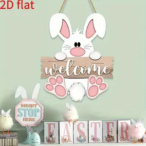 2D Wooden Rabbit Welcome Sign, Hanging Door Decoration for Entryway, Party Decoration Supplies, Suitable for 11 Holidays and Seasonal Celebrations