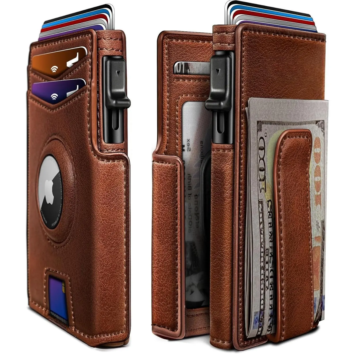 miyozi Slim Magnetic Flip Metal Pop Up Card Holder Compatible With AirTag Tracker, RFID Blocking Wallet With Money Clip & 10 Card Slots, Lightweight Daily Card Organizer Packaged In Gift Box For Men Holiday Gifting