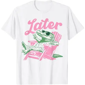 Casual Cotton Fabric Straight-Fit Short-Sleeve Solid Lightweight Print T-Shirt - Teacher See You Later, Summer Alligator, Last Day of School, Matching Bottom