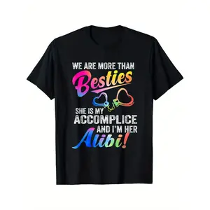 Couple's Best Friend Matching T-Shirts - Funny "Alibi" Sibling Design with Rainbow Lettering & Heart Graphics - Black Casual Round Neck Tees for Men & Women - Machine Washable Gift for Sisters, Brothers, Couples graphic tee men's t shirts