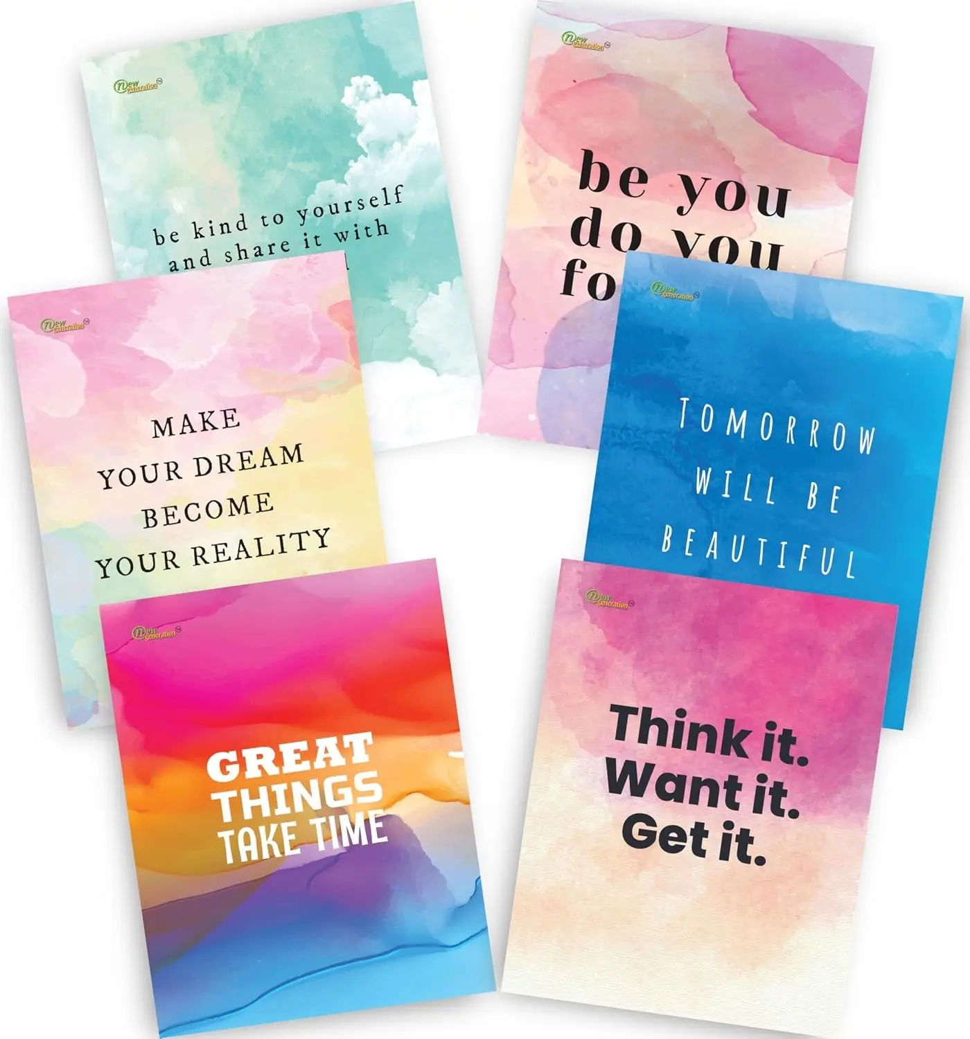 New Generation - Water Color Design - 2 Pocket Folders, Assorted Designs Letter Size folders with 3 Hole Punch to use with Your Binder, folders are Heavy Duty and Glossy Laminated (6 Pack Folders)