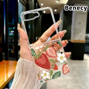 Strawberry Floral Dream Pattern Transparent Phone Case for Z Flip 7/6/5/4, Folding Design with Central Axis Protection and Full Lens Coverage