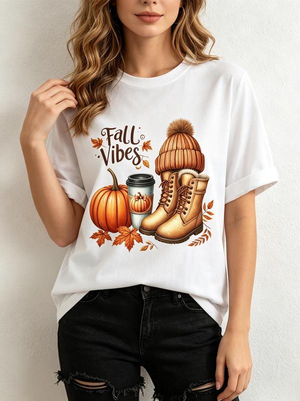 Women's Fitted Backless Cap Sleeve Cropped Cotton Tshirt - Soft Lightweight Crew Neck Casual Top with Fall Vibes Text, Pumpkin Graphical Print, H-Style Fabric, for Thanksgiving, Hand Wash Only, Do Not Bleach, Outdoors