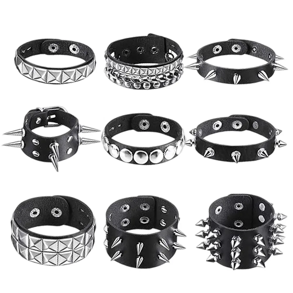 9 Pcs Punk-Style Faux Leather Bracelet Set Featuring Metal Spikes and Rivets for a Rugged Aesthetic Adjustable Buckle Fastening for Comfortable Wear Ideal for Christmas, Halloween or as a Gift Accessory for Gentlemen,summerwins