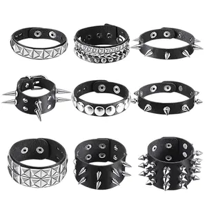 9 Pcs Punk-Style Faux Leather Bracelet Set Featuring Metal Spikes and Rivets for a Rugged Aesthetic Adjustable Buckle Fastening for Comfortable Wear Ideal for Christmas, Halloween or as a Gift Accessory for Gentlemen,summerwins summerwins