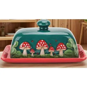 Ceramic Butter Dish with Lid for Countertop, Large Covered Butter Container, Mushroom-Themed Butter Tray, Dark Green Rustic Kitchen Decor, Reusable and Durable