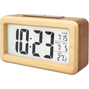 Wooden Large LED Digital Alarm Clock, Smart Sensor Night Light With Snooze, Date, Temperature, 12/24Hr Switchable
