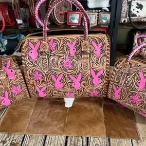 Pink Bunny Design Leather Handbag with Floral Embroidery and Pink Handles - Perfect for Everyday Use