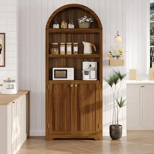 72''Tall Wooden Arched Bookshelf Cabinet - 5 Tier Storage with Double Doors & Adjustable Shelf for Living Room,Bedroom,Home Office,Walnut