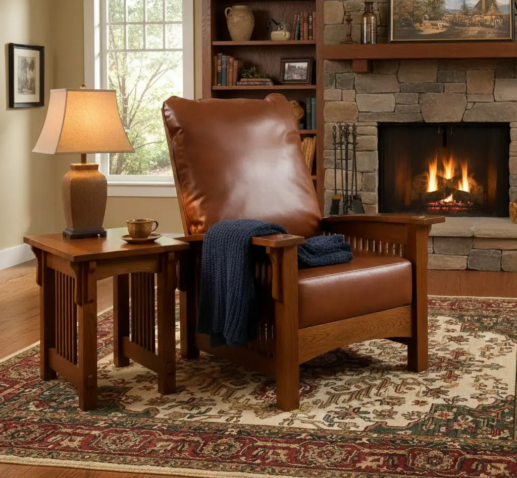 Craftsman-Mission Oak Morris Adjustable Seat Armchair, Russet Brown, Model RB-2, Adjustable Seat Armchairs, Leather Accent Chairs, Leather Upholstery Living Room Furniture, Expert Craftsmanship
