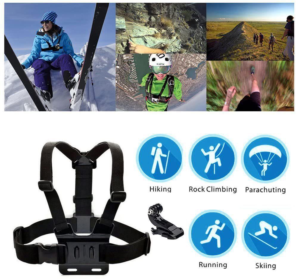 6-in-1 chest-mounted phone holder kit, suitable for sports and action cameras; adjustable strap; compatible with phones and Osmo action cameras; includes camera accessories and device mounts; hands-free first-person shooting; ideal for vlogging, cycling,