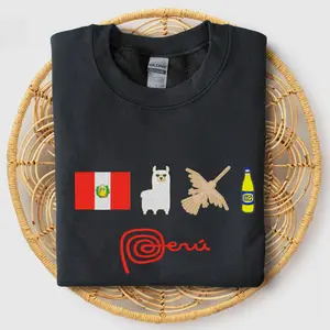 Festive Peru Embroidered Pullover Sweatshirt Unisex Peruvian Heritage Design with Iconic Swirl Llama Nazca Lines & Inka Kola Bottle