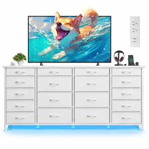 RaybeeFurniture Modern 63"W TV Stand for Bedroom with LED Light & Power Outlets, Long Black Dresser for Bedroom with 18 Deep Drawers for 65 70 75 inch TV, Large Fabric Dresser TV Stands for Living Room Entryway Hallway Closet