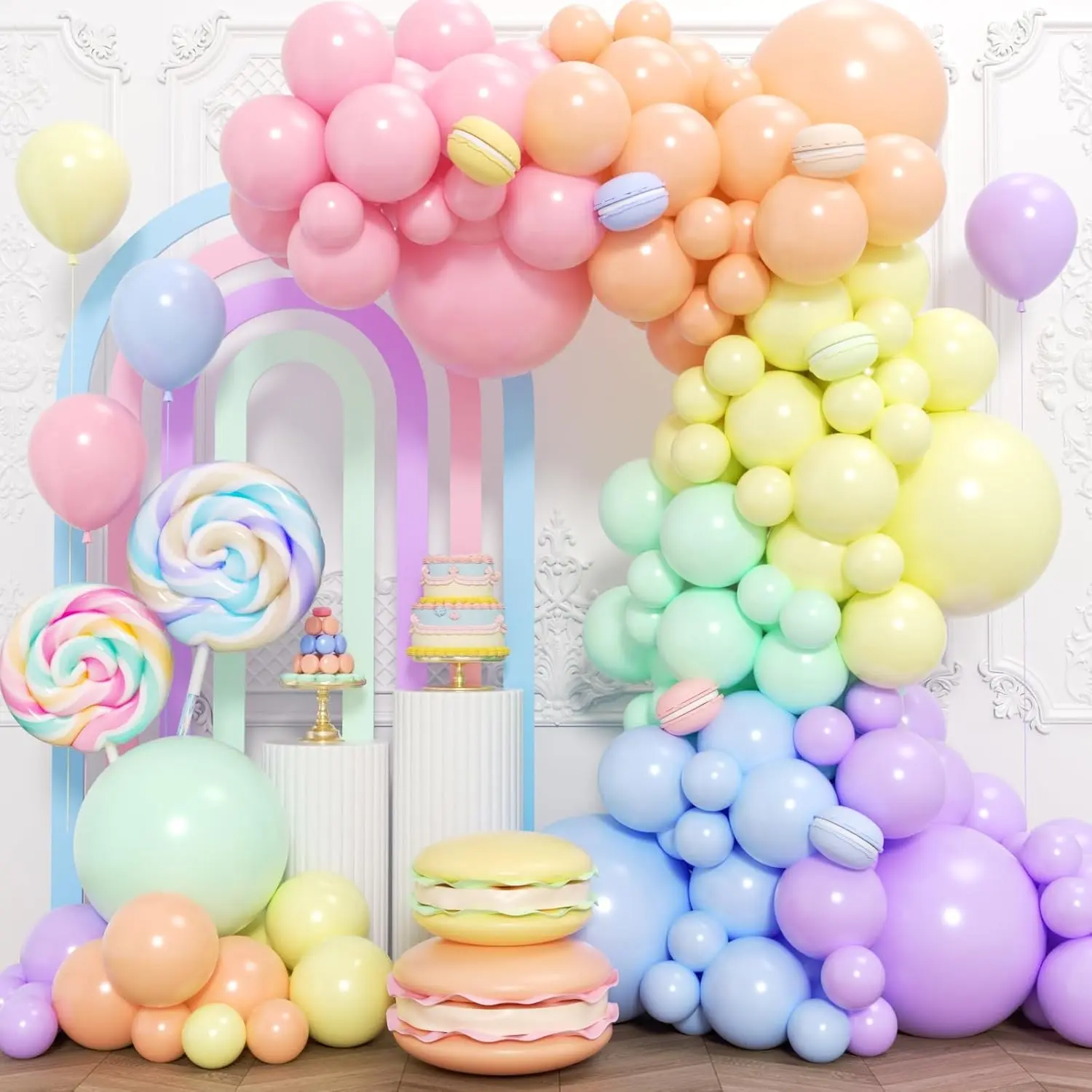 174-Piece Pastel Rainbow Macaron Balloon Arch Kit with Elastic Band & Letter Print, Birthday Party Decor, Room Accessories for Spring Baby Shower Home Festive Supplies