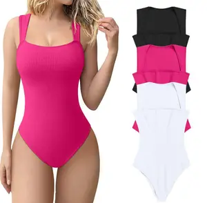 Women's Solid Ribbed Square Neck Bodysuit, Casual Comfy Sleeveless Tank Bodysuit for Daily Wear, Shapewear for Women, Ladies Shapewear for All Seasons, Body Shapewear.