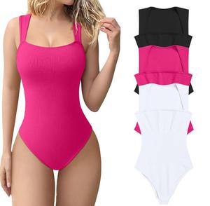 Women's Solid Ribbed Square Neck Bodysuit, Casual Comfy Sleeveless Tank Bodysuit for Daily Wear, Shapewear for Women, Ladies Shapewear for All Seasons, Body Shapewear.