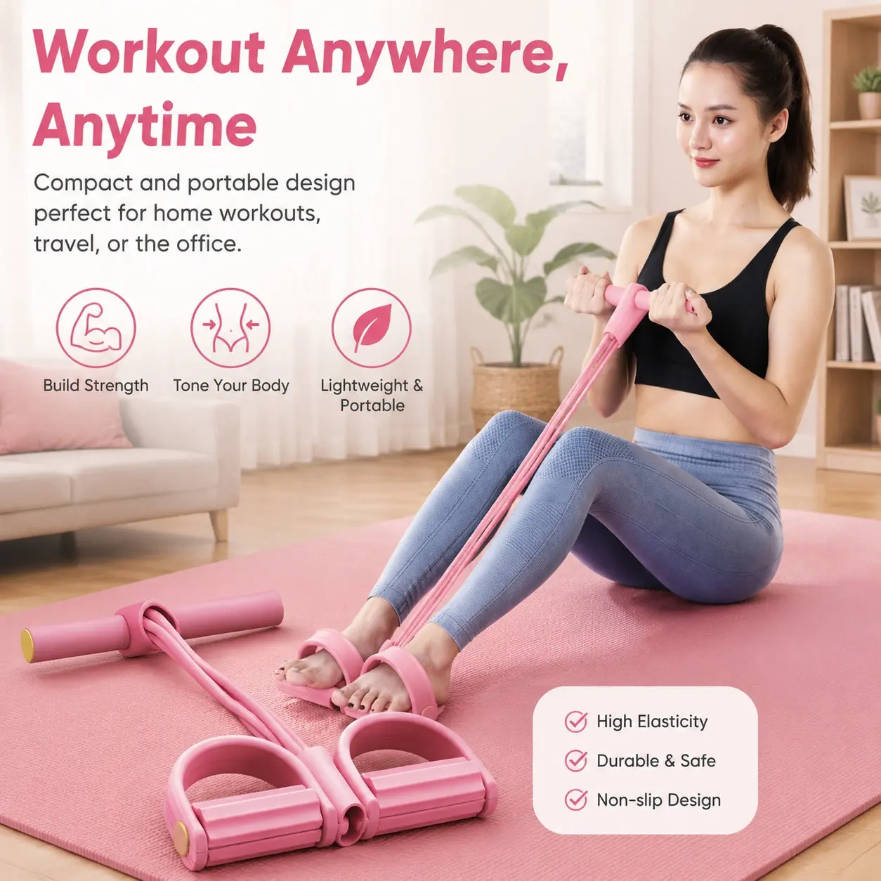 6-Strand Heavy Duty Abdominal Crunch Assist Resistance Bands - 6 Tube Pedal Ankle Puller, Adjustable Non-Slip Pedal Combo Fitness Trainer Set for Home Core Workouts, Multi Exercise Fitness Device, 6 Tube Pedal Ankle Puller Resistance Bands, Adjustable Ped
