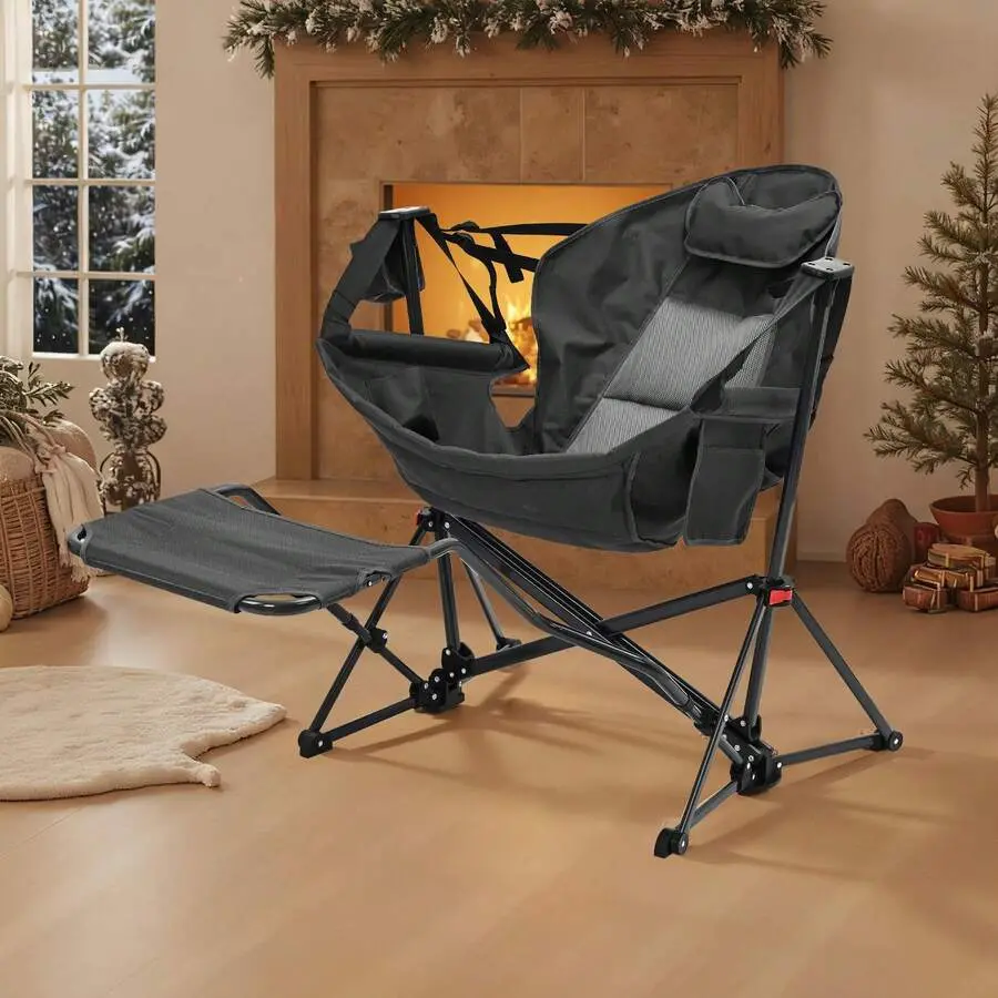 Oversized Sturdy Polyester Camping Hammock Chair with Detachable Footrest, Triangular Frame, Foldable Portable Design, Adjustable Recline, Cup Holder, Pillow, Easy Assembly, Modern Style, Adult Outdoor Use (Black, No Fire Safety Label, Included Bag), Asse