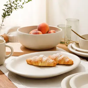 2-Piece Oval Platter and Bowl Serving Set - Reactive Glaze Stoneware - Corsica Clay - Sea Salt White