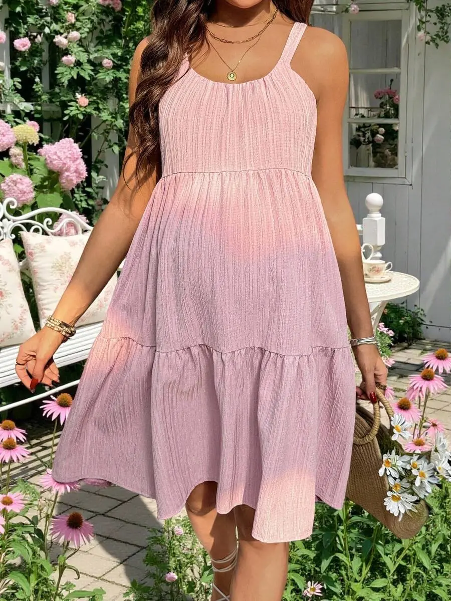 SAMT Maternity Solid Color Scoop Neck Ruffle Hem Sleeveless Smocked Tiered Pink Dress Summer Beach Outfit for Women