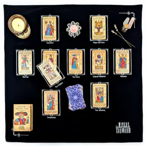 Witchy Cauldron Learning Marseille Tarot and Black Velvet Altar Cloth Set – Beginner Marseille Tarot Deck with English Meanings and Double-Sided Celtic Cross Reading Cloth
