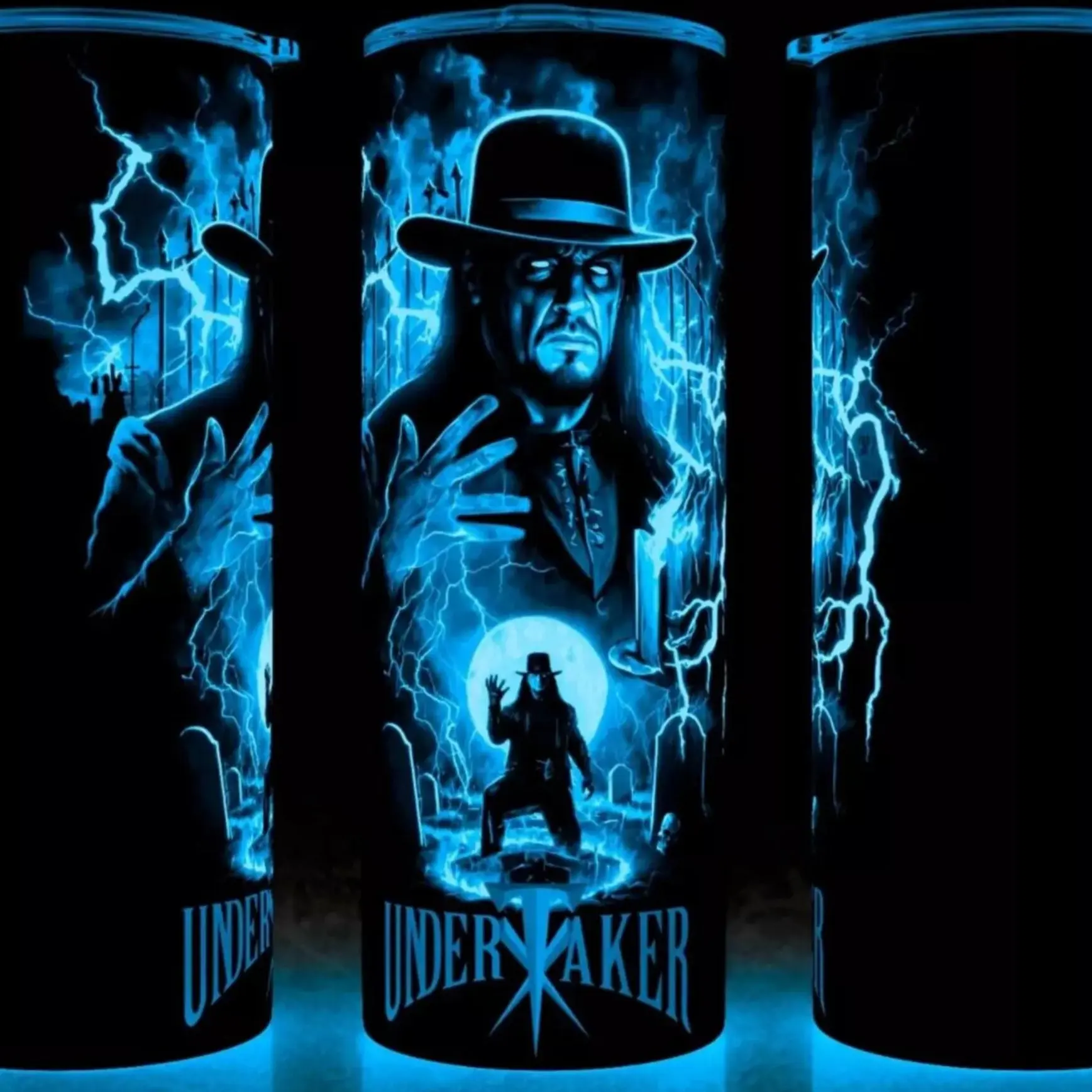 Glow in the Dark Undertaker Wrestling Legend Cup Mug Tumbler 20oz Stainless Steel Tumbler with Slide Closure Lid, Reusable Plastic Straw, Handmade Design - Drinkware