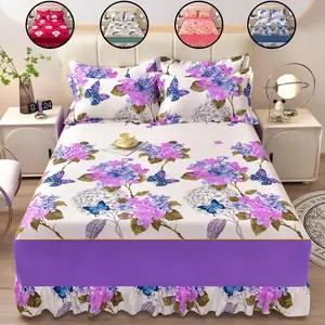 Floral Print Bed Skirt & Pillowcase Set, 3 Counts/set Including 1 Count Bed Skirt & 2 Counts Pillowcase without Filler, Soft Bedding Set for Bedroom