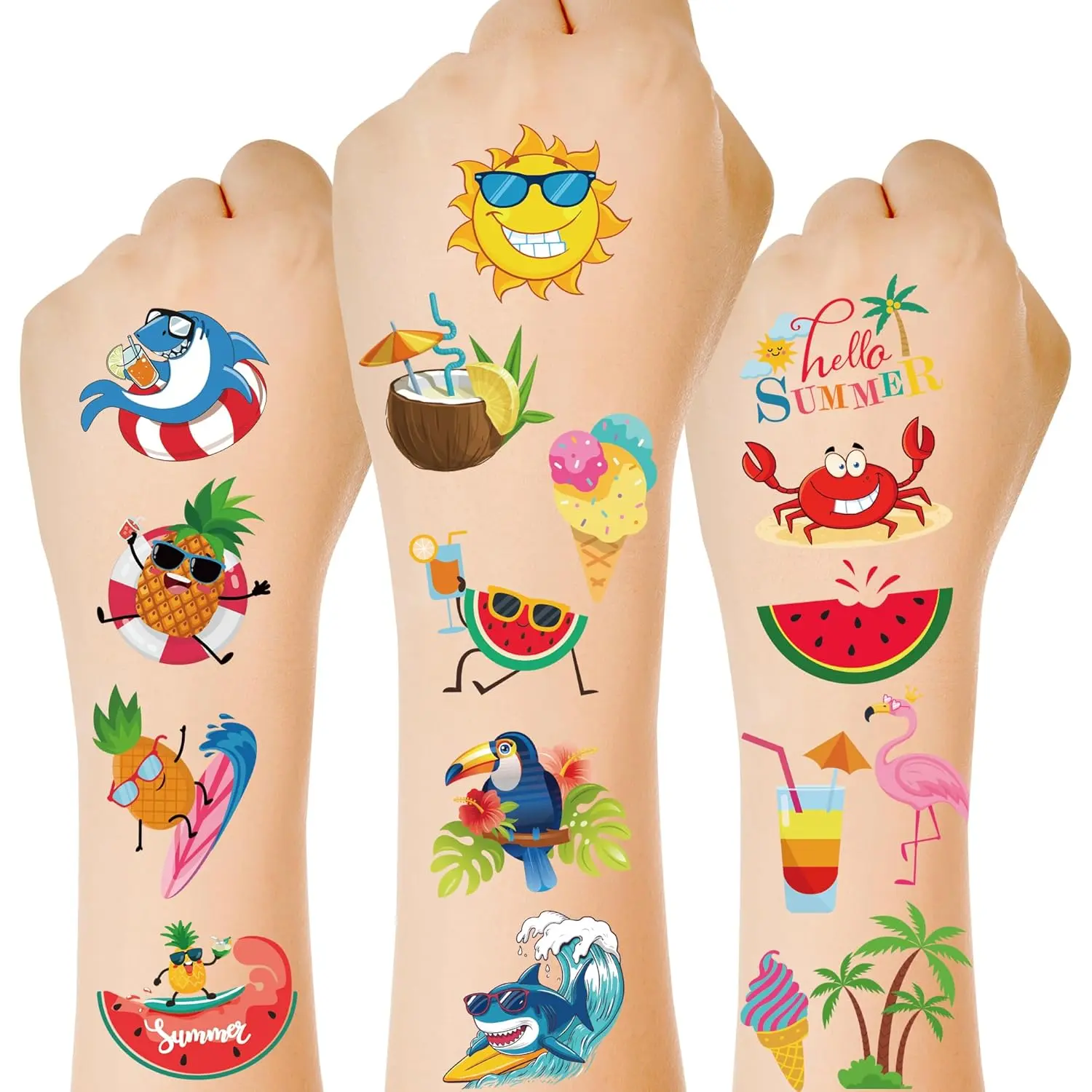 150 PCS Summer Temporary Tattoos, 6 Sheets Waterproof Fake Tattoos with Tropical Fruits Flamingos Hello Summer for Adults Pool Party, Hawaiian Stickers for Hawaiian Luau Party Favors Supplies