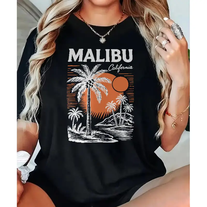 Women's Malibu Graphic Print T-Shirt, Soft 100% Cotton Retro Streetwear Tee, Classic Fit Crew Neck for Casual Vacation, Fabric, Digital Print, Malibu Theme, Short Sleeve, Malibu Beach Theme