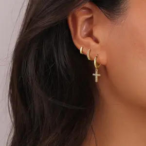 PANCERT Golden 3 Piece Earrings Set Cross Shaped Zirconium with Circular Combo for Stunning Layered Look Hypoallergenic Gold Plated Surgical Steel Earrings Ideal for 2025 Fashion Lovers jewelry