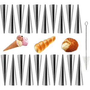 20pcs Cream Horn Molds For Baking Non-Stick Conical Cannoli Tubes Molds 4.7in Large Baking Cannoli Forms Pastry Molds with Cleaning Brush for Baking Croissants Bread, Brioche Rolls