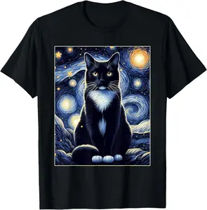 Casual Cotton shortsleeve funny graphic tees Tuxedo Cat Starry Night Shirt Van Gogh Painting Cat Lover T-Shirt