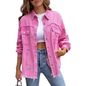 Women’s distressed denim jacket with a fringed hem and pockets, featuring a worn, washed finish and button details