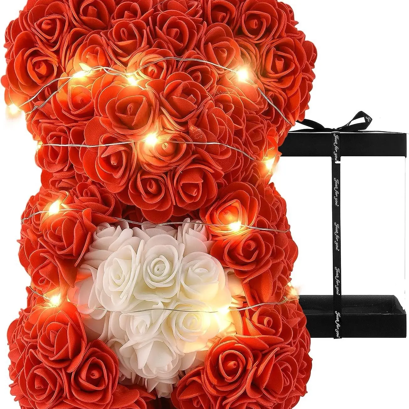 Surprise Her with Handmade 10 and 12 Inch Artificial Everlasting Rose Flower Bear in a Clear Gift Box - Perfect for Valentine's Day, Mother's Day and