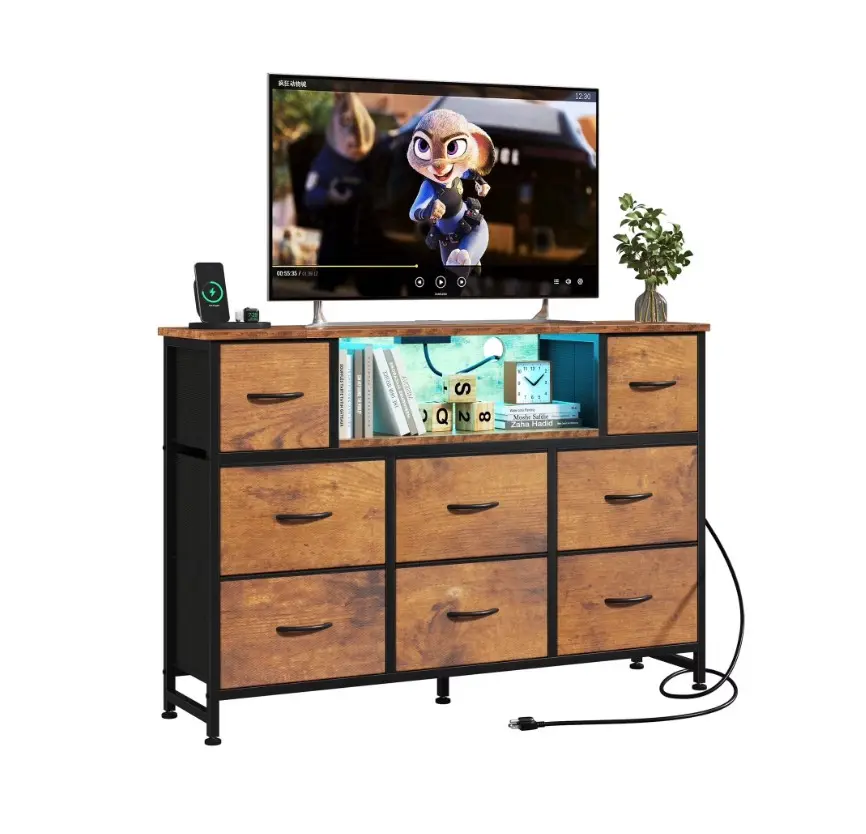 55 inch TV Stand Dresser, 8 Fabric Drawers Storage Organizer for Bedroom Living Room, LED & Charging Station, Rust