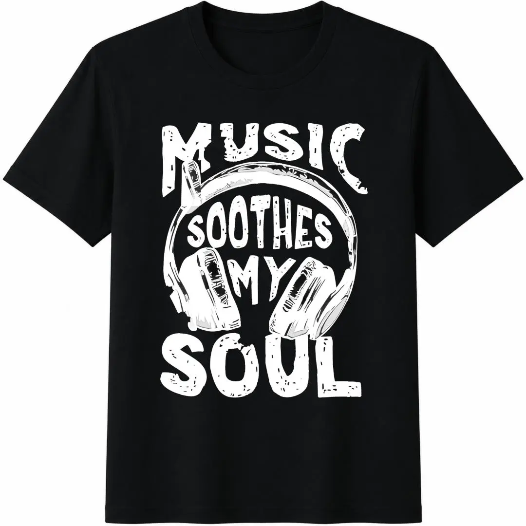 SHEIN LUNE 'Music Soothes My Soul' Headset Graphic Tees Letter Slogan T-Shirt, Round Neck Short Sleeved Women Tops