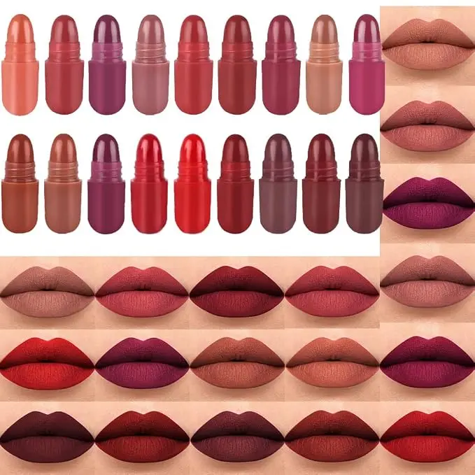 18Pcs Mini Pills Lipstick Capsule Set for Women Waterproof Long Lasting, Deep Red Matte Small Magic Permanent 24 Hour Lipstick Bulk Samples Sampler labiales mate 24 horas originales 01