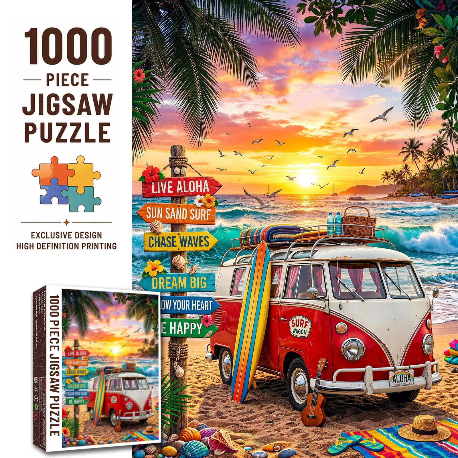 Walarky 1000-Piece Tropical Beach Sunset Jigsaw Puzzle, Colorful Coastal Surf Van Ocean Landscape, Family Stress-Relief Brain Challenge, Beach Theme Decor, Adult Gift, 27.5x20in(70x50cm) Coastal Art