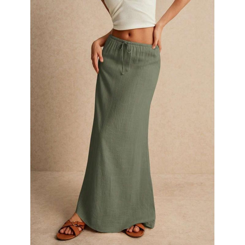 LYD- Women's White Maxi Skirt - Minimalist Drawstring Linen Fabric, Regular Fit, Casual Style, All Seasons Bottoms for Home Wear -LYD sport women leopard