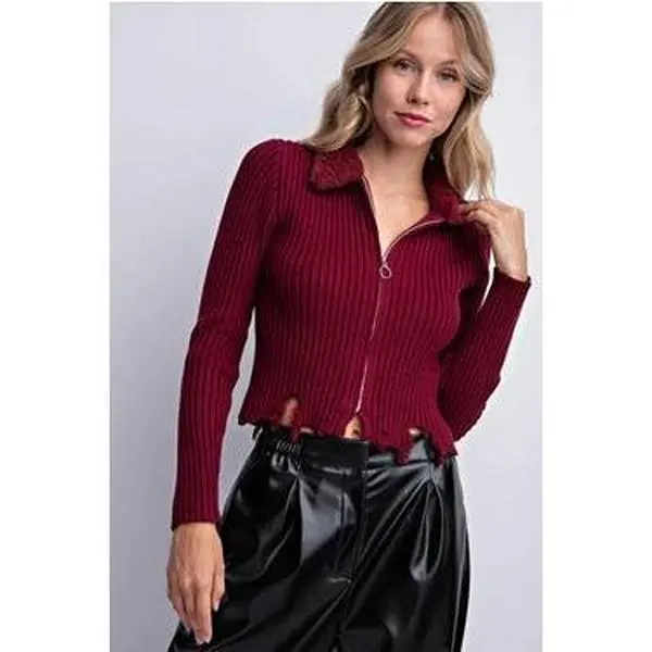 Faux Fur Collar Ribbed Sweater Top