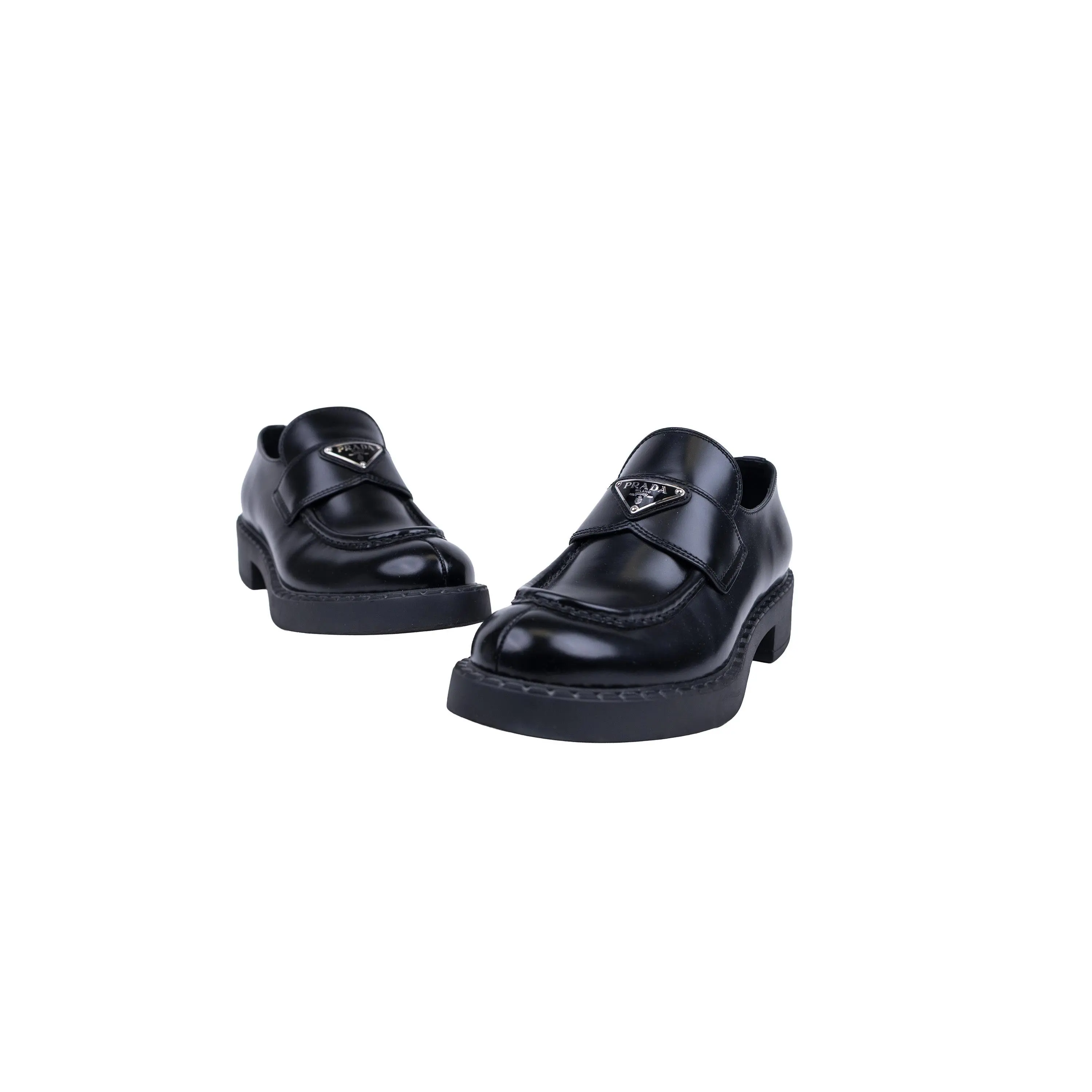 Prada Black Brushed Calfskin Triangle Logo Loafers Size 9.5