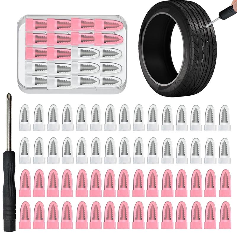 60PCS tire repair rubber nail kit, 2 sizes, tire repair kit - quick self-service tire repair tool, screw in tire repair plug with box and screwdriver, tire plug kit