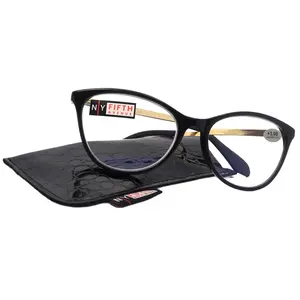 Catittude,  (Premium) Reading Glasses, High-End Reader +1.00 to +4 Magnifying Eyeglass, Cat Eye (Black) Gold Metal temples. NY Fifth Avenue Lightweight Unisex