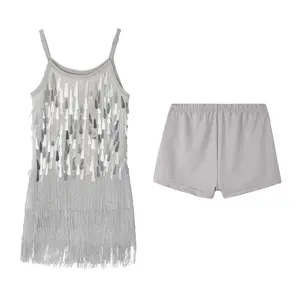 2Pcs Girls Sequin Fringe Dress, Salsa Cha Cha Tassel Latin Dance Dress & Shorts, Adjustable Spaghetti Strap 5-13 Yrs