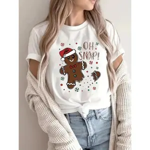 Women's Christmas Cartoon Gingerbread Man Print Round Neck Tee, Casual Drop Shoulder Short Sleeve T-shirt for Daily Wear, Ladies